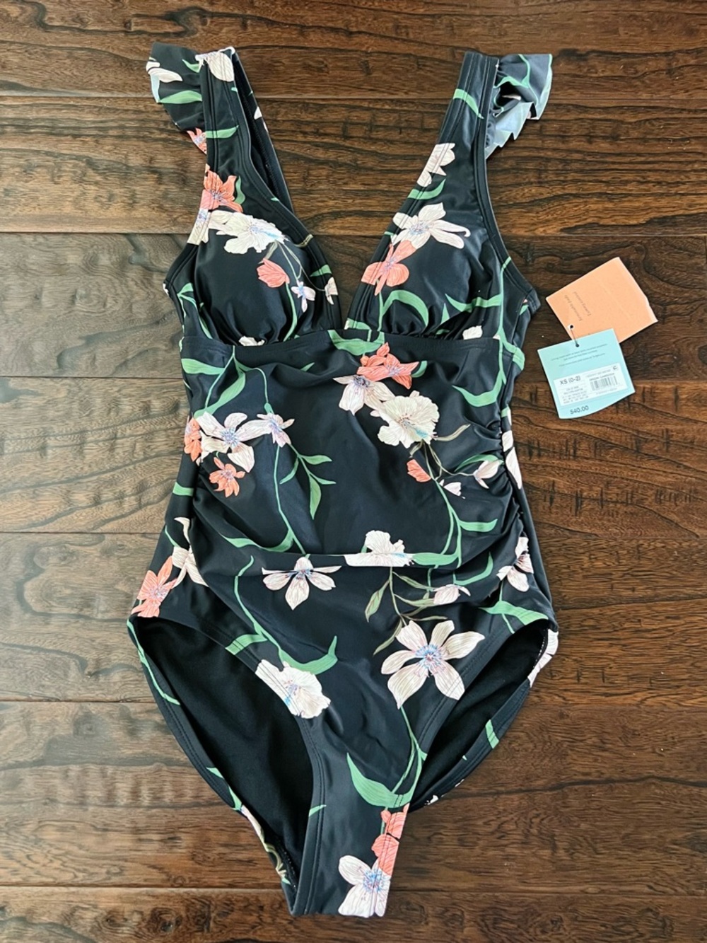 Shade & Shore Black Floral One-Piece Swimsuit with Pink & Green Accents